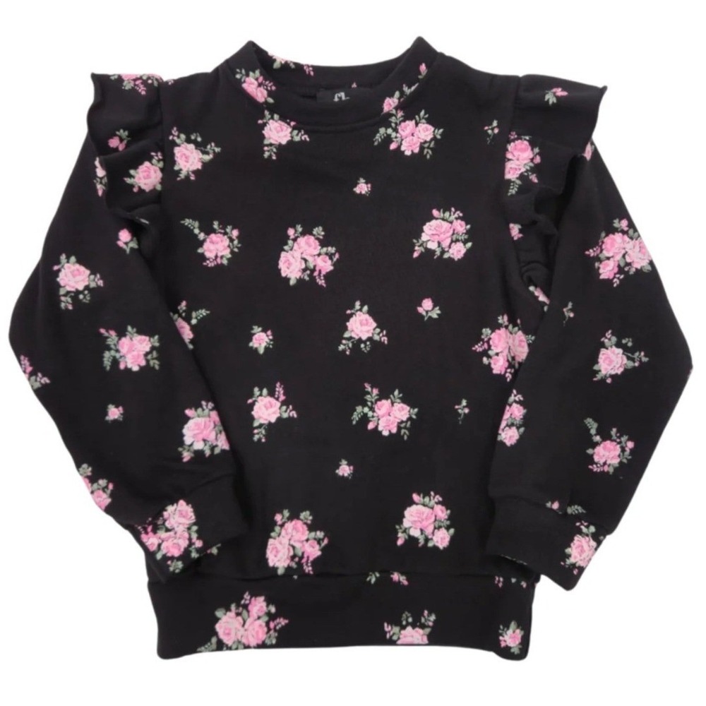 Flowers by Zoe Girls Black Pink Rose Floral Ruffle Shoulder Sweatshirt NWT